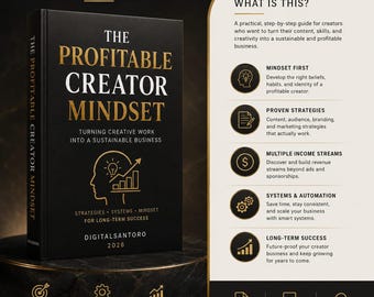 Könnte beinhalten: Ein schwarzes Buch mit dem Titel The Profitable Creator Mindset in goldener Schrift und einem Kopf-Symbol mit Glühbirne und Balkendiagramm. Das Cover enthält den Text DigitalSantoro 2026. Rechts sind fünf Abschnitte aufgeführt: Mindset First, Proven Strategies, Multiple Income Streams, Systems & Automation und Long-Term Success.
