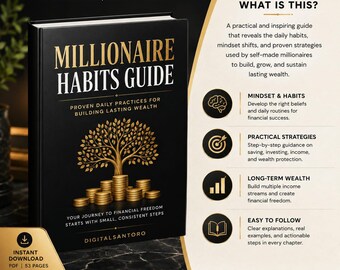 Könnte beinhalten: Ein schwarzes Buch mit dem Titel Millionaire Habits Guide mit goldenem Text und einer goldenen Baumgrafik, die aus Münzstapeln wächst. Das Cover enthält den Text Proven Daily Practices for Building Lasting Wealth und DigitalSantoro. Rechts sind die Funktionen aufgelistet.