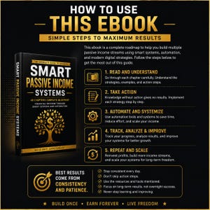 May include: A black ebook titled "Smart Passive Income Systems" with gold lettering and a tree graphic. The cover text includes "40 Chapters Complete Blueprint" and "Financial Freedom Through Smart Systems and Automation." The image also includes instructions on how to use the ebook.