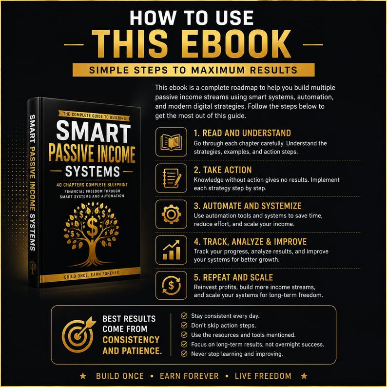 May include: A black ebook titled "Smart Passive Income Systems" with gold lettering and a tree graphic. The cover text includes "40 Chapters Complete Blueprint" and "Financial Freedom Through Smart Systems and Automation." The image also includes instructions on how to use the ebook.