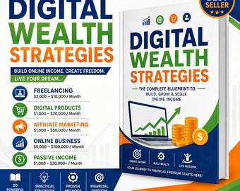 Könnte beinhalten: Ein Buch mit dem Titel The Ultimate Guide to Digital Wealth Strategies mit einem blau-grün-orangen Einband. Das Cover zeigt einen Laptop mit einem grünen Aufwärtstrendpfeil, Goldmünzenstapel und Text zu Einkommenszielen und Strategien.