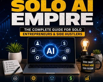 May include: A promotional image with the text "BUILD YOUR SOLO AI EMPIRE" and "THE COMPLETE GUIDE FOR SOLO ENTREPRENEURS & SIDE HUSTLERS." A laptop displays an AI graphic. A mug reads "WORK SMART AUTOMATE MORE EARN FREEDOM."
