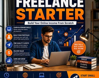 Könnte beinhalten: Eine digitale Grafik mit dem Text FREELANCE STARTER Build Your Online Income From Scratch. Eine Person arbeitet an einem Laptop an einem Schreibtisch mit einem Stapel Bücher mit der Aufschrift SKILLS STRATEGY CLIENTS MINDSET, einer Lampe und einer Tasse.