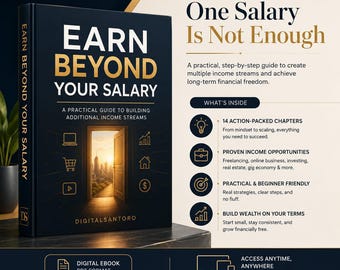Könnte beinhalten: Ein dunkelblaues digitales E-Book mit dem Titel Earn Beyond Your Salary, goldenem Text und einer Grafik einer offenen Tür zu einer Stadt. Das Cover zeigt Symbole für Finanzen. Der Text enthält One Salary Is Not Enough und What's Inside.