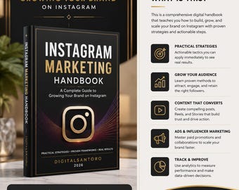 Könnte beinhalten: Ein schwarzes digitales Handbuch mit dem Titel Instagram Marketing Handbook mit goldenem Text und Instagram-Logo. Das Cover enthält den Text A Complete Guide to Growing Your Brand on Instagram, DigitalSantoro 2026, 43 Seiten, 14 Kapitel, Sofort-Download.
