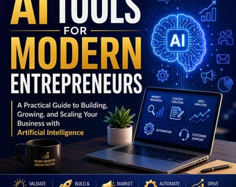 Könnte beinhalten: Eine digitale Grafik mit dem Titel AI TOOLS FOR MODERN ENTREPRENEURS, die einen Laptop mit Symbolen für Marktforschung, Content-Erstellung, Datenanalyse, Automatisierung und Kundensupport sowie eine schwarze Tasse und eine kleine Sukkulente zeigt.