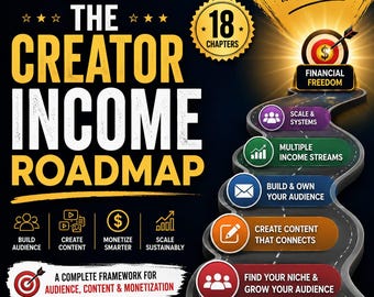 Könnte beinhalten: Ein Buchcover mit dem Titel The Creator Income Roadmap, A Practical Guide to Building Sustainable Income as a Creator. Es zeigt eine kurvenreiche Straßengrafik, die zu einem Ziel Financial Freedom führt, mit 18 Kapiteln und Schritten.