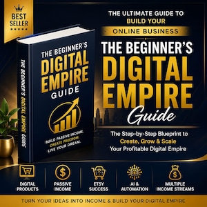 May include: A book titled "The Beginner's Digital Empire Guide" with gold lettering on a navy blue cover. The book promises to help build passive income and create freedom. Additional text includes "Build Your Online Business".