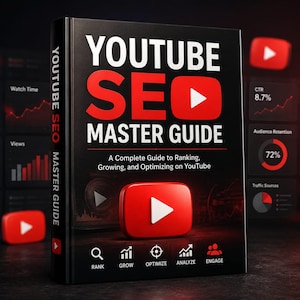 Pode incluir: Um livro preto intitulado YOUTUBE SEO MASTER GUIDE com texto em branco e vermelho. A capa apresenta um ícone vermelho de botão de reprodução do YouTube, o subtítulo A Complete Guide to Ranking, Growing, and Optimizing on YouTube e cinco ícones para Rank, Grow, Optimize, Analyze e Engage.