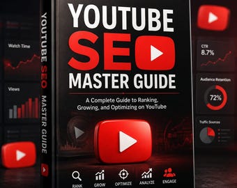Könnte beinhalten: Ein schwarzes Buch mit dem Titel YOUTUBE SEO MASTER GUIDE in weißer und roter Schrift. Das Cover zeigt ein rotes YouTube-Play-Button-Symbol, den Untertitel A Complete Guide to Ranking, Growing, and Optimizing on YouTube sowie fünf Symbole für Rank, Grow, Optimize, Analyze und Engage.