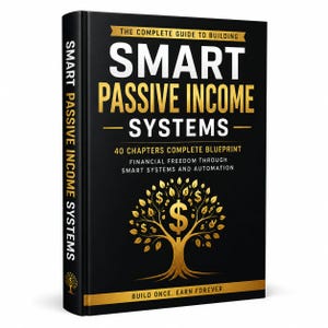 May include: A hardcover book titled "SMART PASSIVE INCOME SYSTEMS" with gold lettering on a black background. The cover features a stylized tree with dollar signs as leaves. The book promises financial freedom through smart systems and automation.