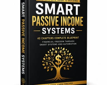Könnte beinhalten: Ein schwarzes Hardcover-Buch mit dem Titel "SMART PASSIVE INCOME SYSTEMS" in goldener Schrift. Das Cover zeigt einen stilisierten Baum mit Dollarzeichen als Blättern. Das Buch verspricht finanzielle Freiheit durch intelligente Systeme.