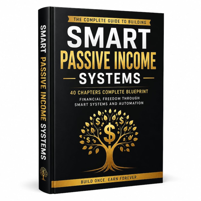 May include: A hardcover book titled "SMART PASSIVE INCOME SYSTEMS" with gold lettering on a black background. The cover features a stylized tree with dollar signs as leaves. The book promises financial freedom through smart systems and automation.