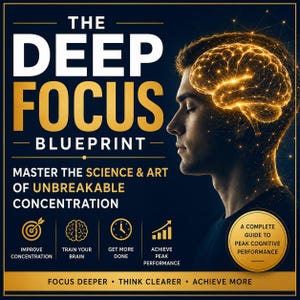 May include: A dark blue graphic poster titled THE DEEP FOCUS BLUEPRINT. It features a profile silhouette of a head with a glowing golden neural network brain. Text includes MASTER THE SCIENCE & ART OF UNBREAKABLE CONCENTRATION and FOCUS DEEPER.