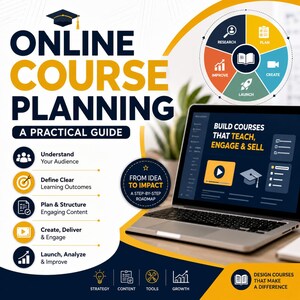 Può includere: Un grafico digitale intitolato Online Course Planning A Practical Guide con un computer portatile che mostra Build Courses That Teach Engage & Sell. Include un diagramma di processo circolare con icone per ricerca, piano, creazione, lancio e miglioramento.