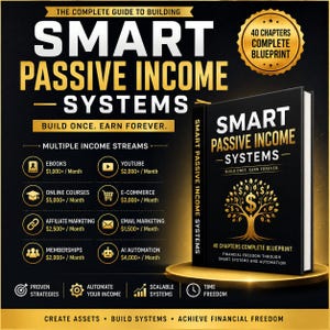 May include: A book cover with the title "SMART PASSIVE INCOME SYSTEMS" in gold lettering on a black background. The cover also features a gold tree with dollar signs as leaves. The image promotes financial freedom through smart systems and automation.