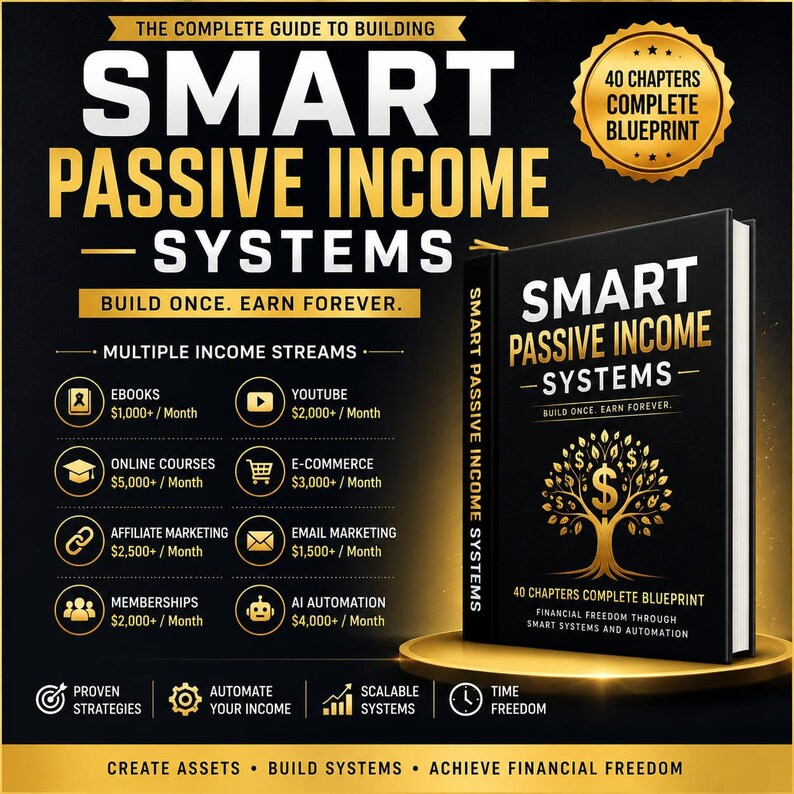 May include: A book cover with the title "SMART PASSIVE INCOME SYSTEMS" in gold lettering on a black background. The cover also features a gold tree with dollar signs as leaves. The image promotes financial freedom through smart systems and automation.