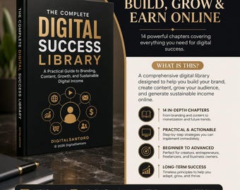 Könnte beinhalten: Ein schwarzes Buch mit dem Titel The Complete Digital Success Library mit goldenem Text und Symbolen. Das Cover zeigt ein zentrales Benutzersymbol, umgeben von Geschäftssymbolen. Die rechte Seite zeigt Text über den Aufbau und das Wachstum online.