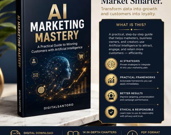 Könnte beinhalten: Ein gebundenes Buch mit dem Titel AI Marketing Mastery mit dunkelblauem Einband, einer goldenen Silhouette eines menschlichen Kopfes, Datennetzwerklinien und einem aufsteigenden Diagramm. Der Text enthält Master AI. Market Smarter und Details.