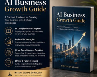 Könnte beinhalten: Ein digitales Produkt mit dem Titel AI Business Growth Guide, das ein dunkelblaues Cover mit einer Skyline und einem aufsteigenden goldenen Pfeil zeigt. Der Text enthält A Practical Roadmap for Growing Your Business with Artificial Intelligence.