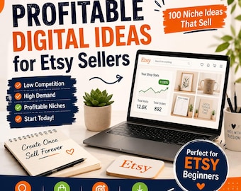 Könnte beinhalten: Ein Laptop mit einem Etsy-Shop-Dashboard und Statistiken, daneben ein Notizbuch mit dem Text Create Once Sell Forever, eine kleine Sukkulente, ein Untersetzer mit der Aufschrift Etsy und eine Tasse mit der Aufschrift Made with Passion.