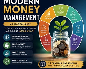 Könnte beinhalten: Ein Finanzratgeber mit dem Titel The Modern Money Management, der ein mit Münzen gefülltes Glas mit einer kleinen grünen Pflanze in der Mitte zeigt. Ein farbiges Kreisdiagramm zeigt Symbole für Investitionen, Notfallfonds, Schulden und Immobilien.