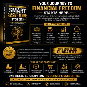 May include: A book cover titled "Smart Passive Income Systems" with a gold tree graphic. The cover text promises a complete blueprint for financial freedom through smart systems and automation. The image also includes text about the book's benefits.