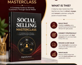 Könnte beinhalten: Ein digitaler PDF-Leitfaden mit dem Titel Social Selling Masterclass. Das Cover hat einen schwarzen Hintergrund mit goldenem Text und einer zentralen kreisförmigen Grafik mit Social-Media-Symbolen. Der Leitfaden beschreibt Strategien zum Aufbau von Vertrauen und Umsatz.
