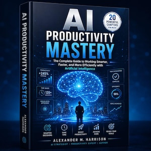May include: A hardcover book titled AI Productivity Mastery by Alexander M. Harrison. The dark blue cover features a glowing digital brain graphic, a silhouette of a person, and various data charts, icons, and text highlighting 20 powerful chapters.