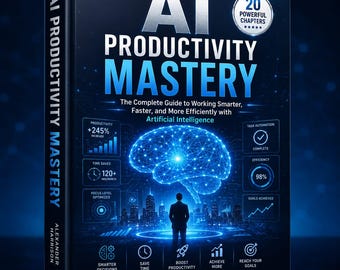 May include: A hardcover book titled AI Productivity Mastery by Alexander M. Harrison. The dark blue cover features a glowing digital brain graphic, a silhouette of a person, and various data charts, icons, and text highlighting 20 powerful chapters.