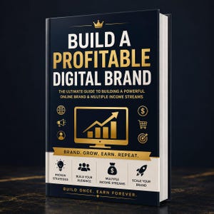 May include: A hardcover book titled "BUILD A PROFITABLE DIGITAL BRAND" with gold lettering and a black cover. The book's cover features a computer screen graphic with an upward trending arrow, dollar signs, and a shopping cart icon. The book's subtitle is "THE ULTIMATE GUIDE TO BUILDING A POWERFUL ONLINE BRAND & MULTIPLE INCOME STREAMS."