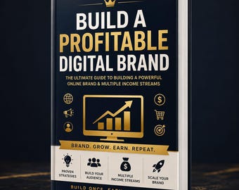 Könnte beinhalten: Ein Hardcover-Buch mit dem Titel "BUILD A PROFITABLE DIGITAL BRAND" mit goldfarbenen Buchstaben und einem schwarzen Einband. Das Buchcover zeigt eine Grafik eines Computerbildschirms mit einem Pfeil nach oben, Dollarsymbolen und einem Einkaufswagen-Symbol. Der Untertitel des Buches lautet "THE ULTIMATE GUIDE TO BUILDING A POWERFUL ONLINE BRAND & MULTIPLE INCOME STREAMS."