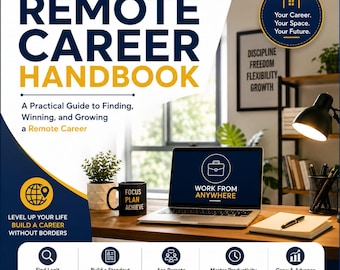 Könnte beinhalten: Das Remote Career Handbook, ein praktischer Ratgeber mit blauem und gelbem Text, zeigt einen Laptop mit der Aufschrift Work From Anywhere, eine Tasse mit Focus Plan Achieve, ein Notizbuch und einen Stift auf einem Schreibtisch mit Symbolen.