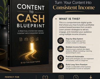 Könnte beinhalten: Ein schwarzer digitaler Ratgeber mit dem Titel Content to Cash Blueprint, goldenem Text und einer leuchtenden Türgrafik. Der Ratgeber beschreibt ein Schritt-für-Schritt-System zum Aufbau eines inhaltsbasierten Unternehmens mit 14 Kapiteln, praktischen Rahmenwerken und lebenslangem Zugriff für Kreative, Freiberufler und Unternehmer.