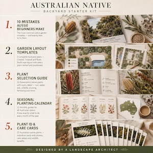 May include: An Australian Native Backyard Starter Kit with guides and cards. The kit includes a guide on mistakes, garden layout templates, a plant selection guide, a seasonal planting calendar, and plant ID and care cards. Designed by a landscape architect.