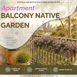 Könnte beinhalten: Illustration für ein Apartment-Balkon-Garten-Kit. Das Bild zeigt einen Balkon mit lila Blumen, eine Stadtlandschaft im Hintergrund und den Text "Apartment BALCONY NATIVE GARDEN". Enthält Pflanzeninformationen und Pflegetipps.