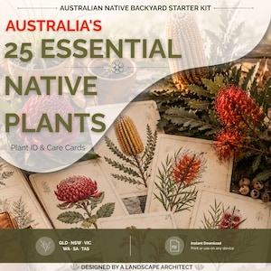 Pode incluir: Um conjunto de cartões de identificação e cuidados de plantas nativas australianas. Os cartões exibem ilustrações botânicas coloridas de várias espécies de plantas. O texto diz "25 plantas nativas essenciais da Austrália". O design inclui o texto "Download instantâneo".