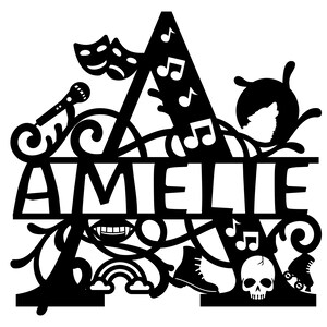 Puede incluir: Dise&ntilde;o recortado en negro con el nombre "AMELIE" e iconos tem&aacute;ticos. Incluye notas musicales, m&aacute;scaras de teatro, un micr&oacute;fono, un lobo, un arco&iacute;ris, una calavera, una bota y patines.