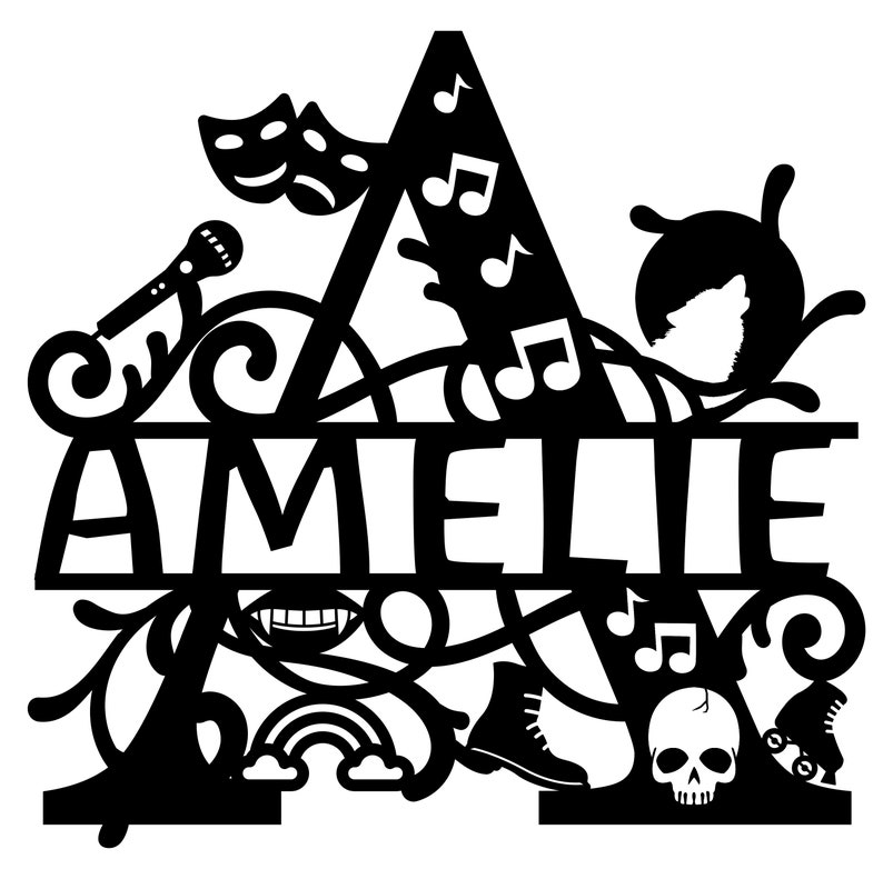 Puede incluir: Dise&ntilde;o recortado en negro con el nombre "AMELIE" e iconos tem&aacute;ticos. Incluye notas musicales, m&aacute;scaras de teatro, un micr&oacute;fono, un lobo, un arco&iacute;ris, una calavera, una bota y patines.