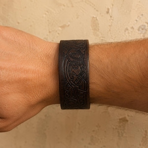 Men's Embossed Leather Cuff Bracelet, Wide Viking Style Wristband