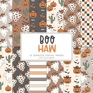 BOO HAW, Western Halloween Seamless Repeat Pattern, Retro Backgrounds, Printable Digital Paper