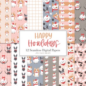 Weihnachtshunde Nahtloses Wiederholungsmuster, Hintergründe, druckbares digitales Papier, HAPPY HOWLIDAYS