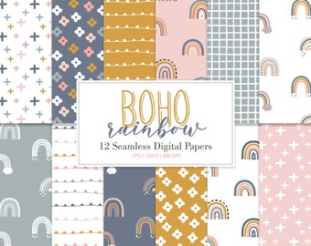 BOHO RAINBOW, Boho Rainbow Nursery Seamless Repeat Pattern, Backgrounds, Printable Digital Paper