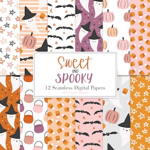 Op de afbeelding: Een set van 12 digitale papieren met schattige Halloween-themapatronen. De patronen omvatten geesten, vleermuizen, sterren, pompoenen, snoepmais en gestreepte patronen in roze, oranje en wit.