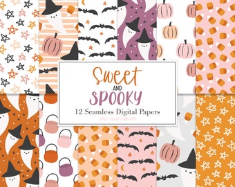 Pode incluir: Um conjunto de 12 papéis digitais com padrões fofinhos com tema de Halloween. Os padrões incluem fantasmas, morcegos, estrelas, abóboras, milho doce e padrões listrados em rosa, laranja e branco.