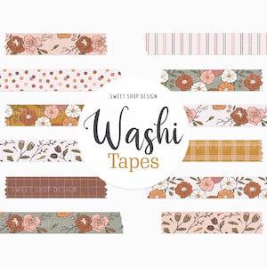 Digital Washi Tape Clipart FLOWER BLOOM, Graphics avec Floral Stripes Polka Dots Lattices For Digital Planner, Goodnotes