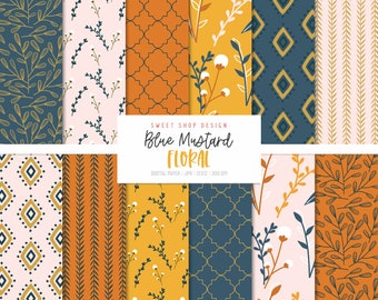 BLUE MUSTARD FLORAL, Boho Yellow Navy Floral Backgrounds, Printable Digital Papers
