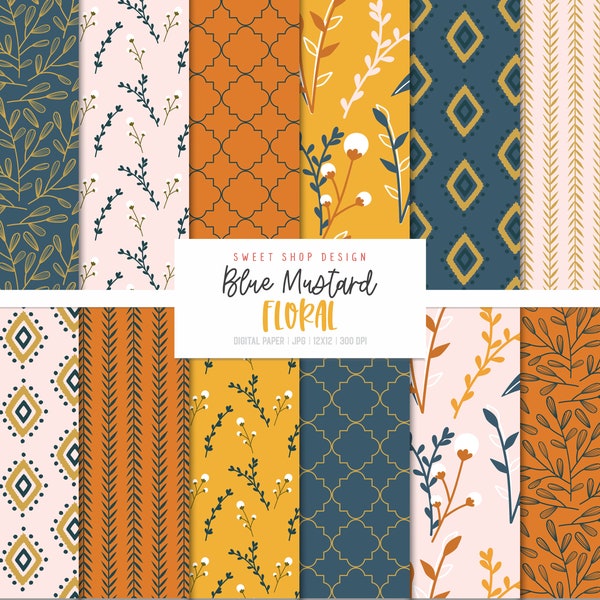 BLUE MUSTARD FLORAL, Boho Yellow Navy Floral Backgrounds, Printable Digital Papers