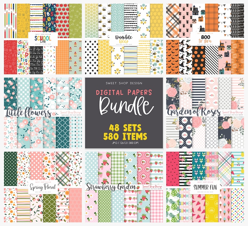 May include: A digital paper bundle with 48 sets and 580 items. The bundle includes various themes, such as school life, bumble bee, boo to you, little flowers, garden of roses, spring floral, strawberry garden, and summer fun. Each theme features a variety of patterns and colors.