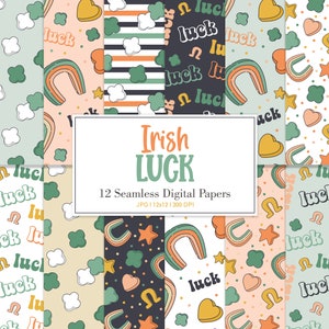 IRISH LUCK, Irish Shamrock Four Leaf Clover Seamless Repeat Pattern, St Patrick's Day Backgrounds, Printable Digital Paper image 1